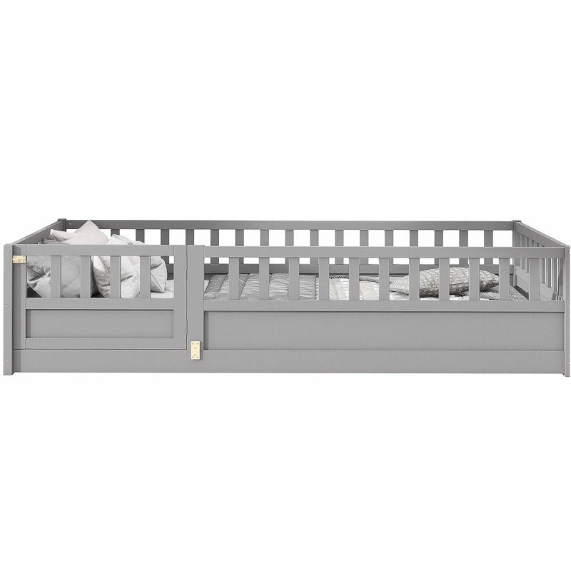 Twin Size Floor bed, integral construction with super high security barrier, door, children's floor bed frame, Montessori wooden children's floor bed, Grey