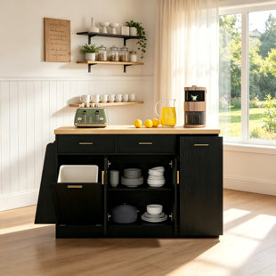 Multi-Use Storage Sideboard, Kitchen Island Cabinet with Sliding Doors, Built-In Trash Can Space and 3-Tier Spice Organizer for Home Use