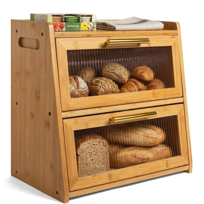 Boîte à pain 16,5 po en bambou à double couche, très grand rangement pour comptoir avec fenêtres en acrylique givré