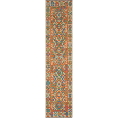 Tapis de couloir bleu / beige en laine noué à la main 2 pi 7 po x 13 pi Cedorah Southwestern