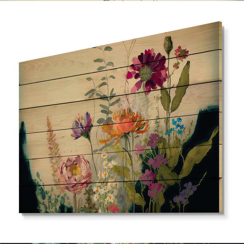 «Painted Blossoming Wildflowers I», art mural bois bouquet floral, bois de pin naturel, L 40 po x H 30 po