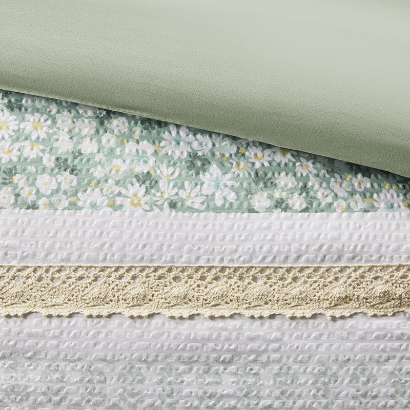 Literie en seersucker double avec coussins décoratifs - en édredon jaune et bleu imprimé floral de style blanc, Vert