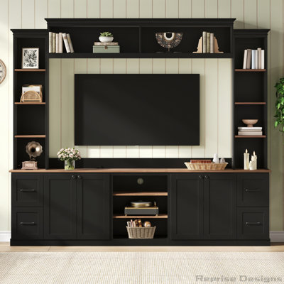 Meuble audio-vidéo 4 en 1 avec bibliothèque pour téléviseur de 70 po ou moins, grand meuble télé de style campagnard avec tablettes réglables en noyer, console multimédia rétro élégante avec tiroirs pour le salon, noir