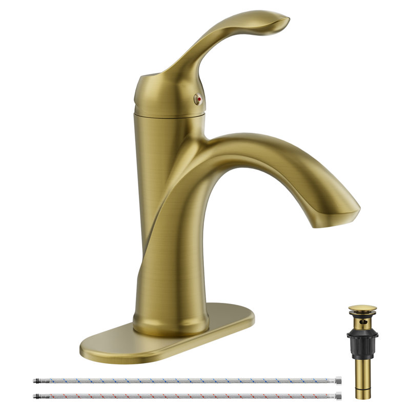 Robinet de lavabo de salle de bain monocorps et monocommande avec plaque de pont et drain Kore, Or brossé