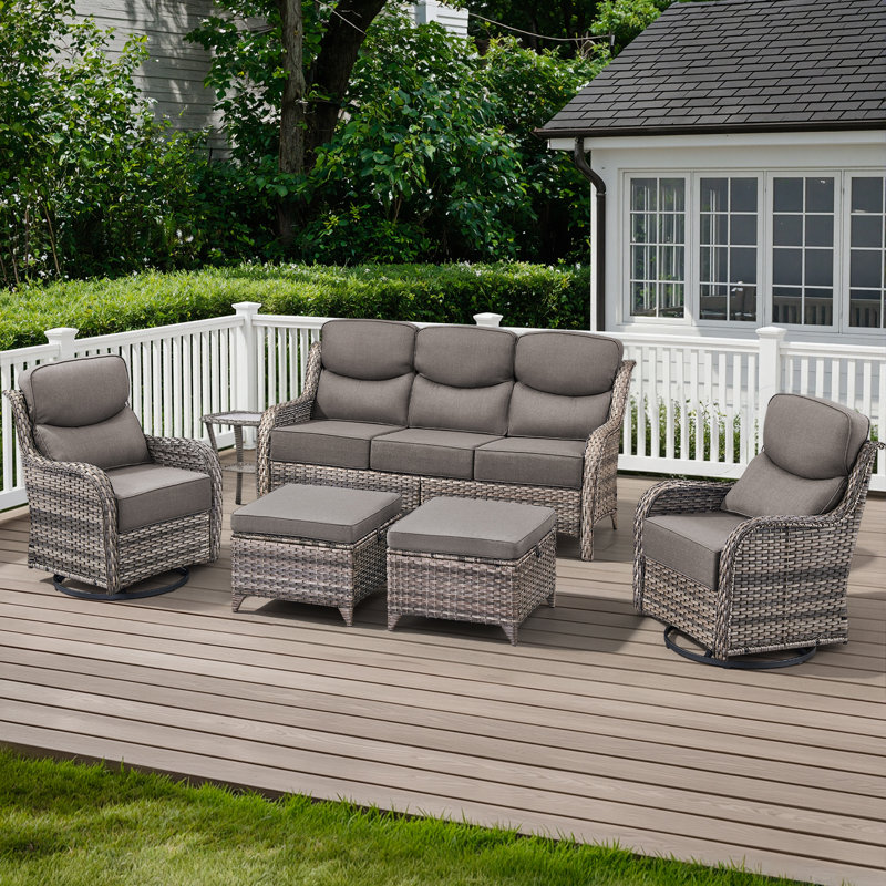 5 Person Outdoor Rattan Garden Conversation Set With Ottomans, Gray, Gray