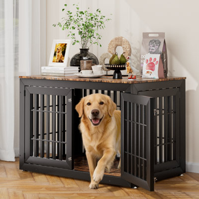 Meuble de rangement robuste pour chien de 48 po pour petits, moyens et grands chiens, mobilier d'intérieur rustique en bois pour cage de chenil avec plateau imperméable, table d'appoint décorative pour animal de compagnie (noir et bois)