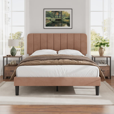 Ensemble de chambre à coucher 3 pièces, cadre de lit tapissier en velours avec ensemble de 2 tables de chevet assorties, tête de lit réglable, support à lattes de bois, aucun sommier nécessaire