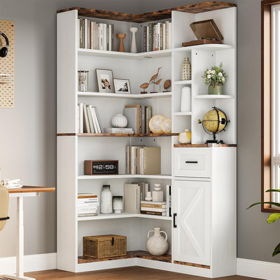 Bibliothèque de coin en L de 74 pouces avec tiroir et armoire, bibliothèque de rangement à 6 niveaux avec tablettes ouvertes,