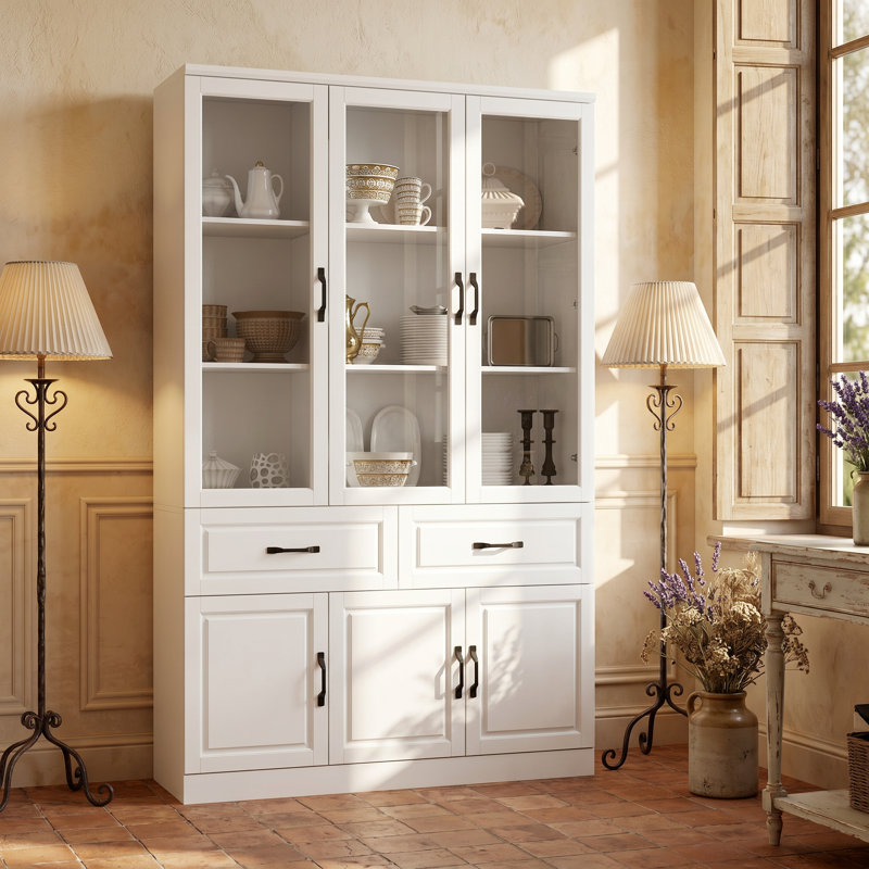 White Multifunctional Lacquered China Cabinet Dining Cabinet - Glass Door + 2 Drawers