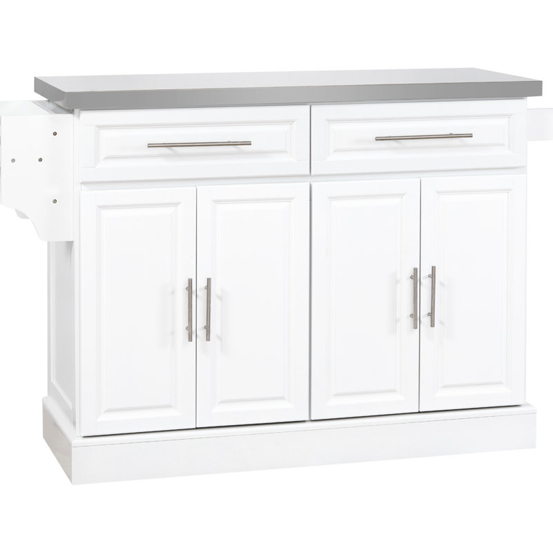 Kitchen Island On Rollers For Efficiency, White, Stainless Steel Countertop, 2 Drawers, Cabinets, Spice Rack, Towel Stand Mobile Cabinet, Top, Holder, Stand, Practical Storage Solution