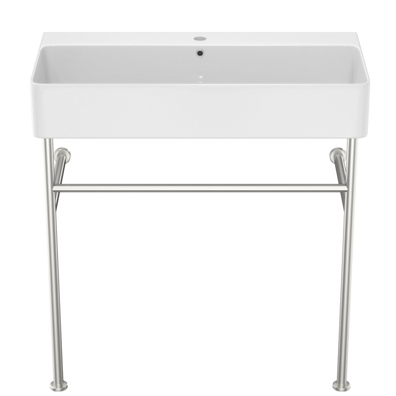 Glossy White Ceramic Rectangular Console Sink with Steel Legs