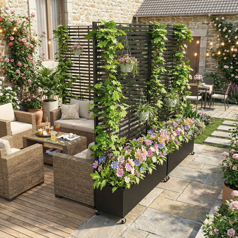 Boîte à fleurs en métal avec treillis et roues Iversen, 73'' H X 47'' W X 15'' D