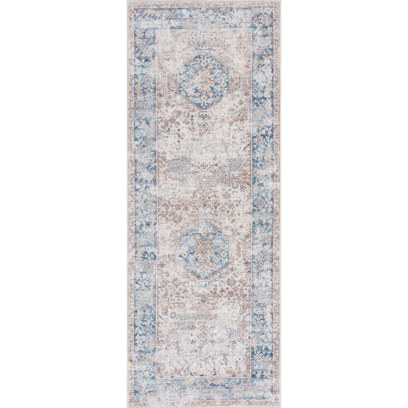 Tapis beige / bleu océan lavable antidérapant traditionnel , Tapis de couloir 2 pi 6 po x 7 pi