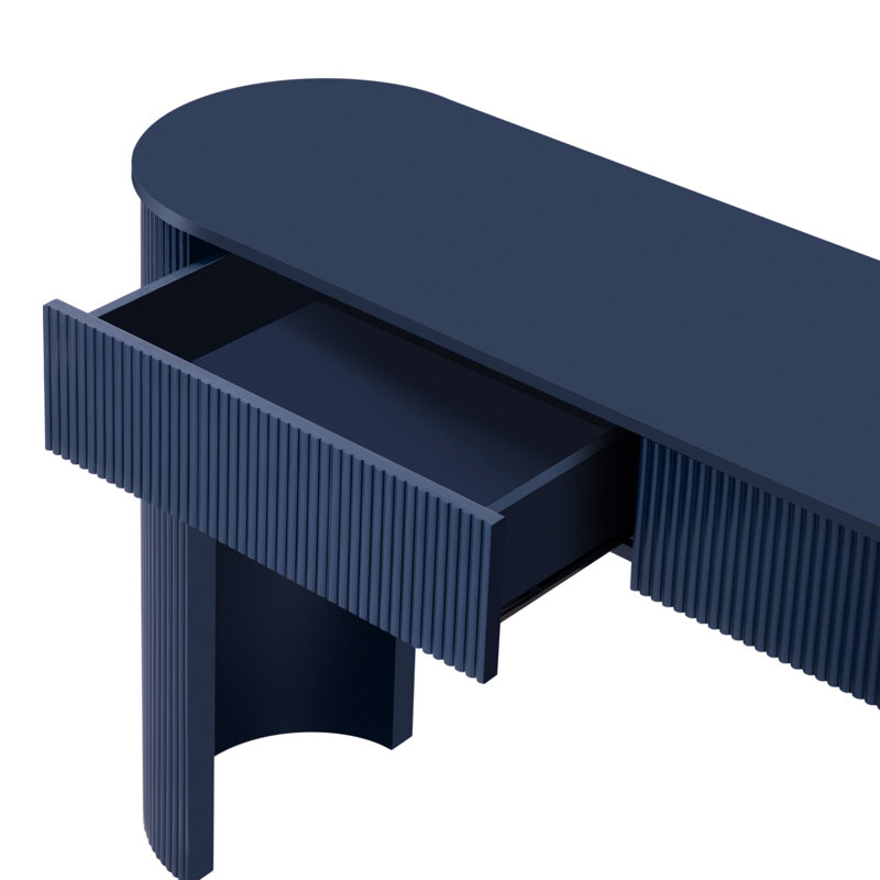Console marine avec rangement. Table d'entrée moderne à cannelures. 2 tiroirs pour les essentiels du quotidien. Élégant salon et rangement de style minimaliste - bleu marine. Pièce. Stabilité des pieds courbés