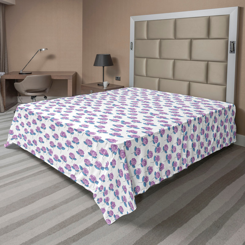 Drap-housse à motif floral Ambesonne, Drap plat de taille très grand, Blanc, rose doux, bleu / floral