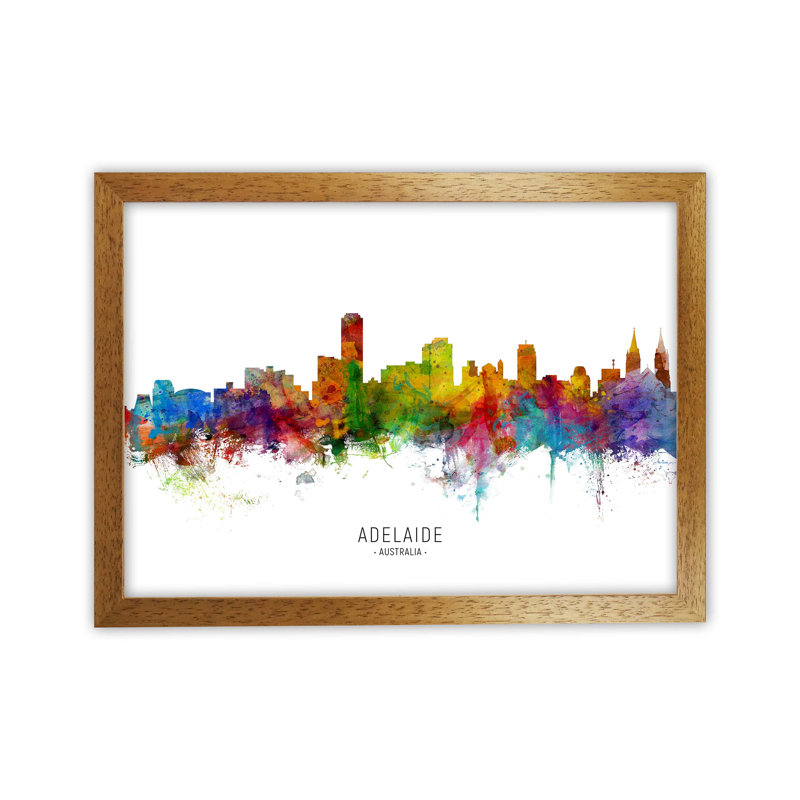 Adelaide Australia Skyline by Michael Tompsett - Print, Brown Framed, 64cm H x 88cm W x 3cm D