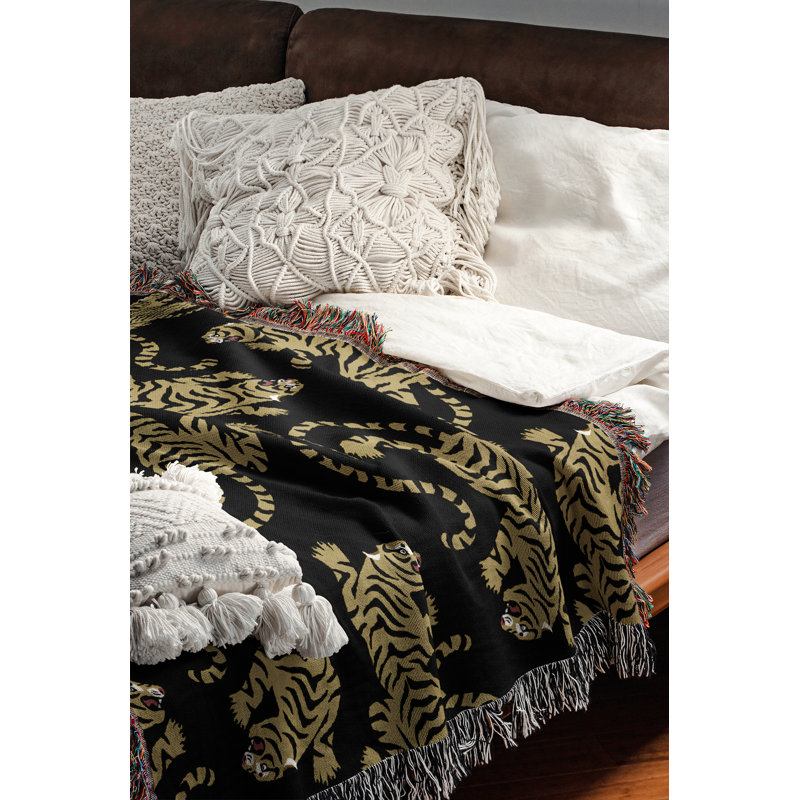 Jeté en mélange de coton Leonard Tiger, L 80 po x l 60 po, Noir / blanc cassé
