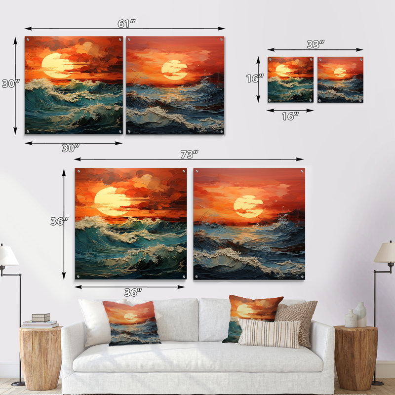«Bold Beach Sunset Scenery - Coastal Sunset», ensemble de 2 peintures murales en acrylique sur verre, H 36 po x l 73 po