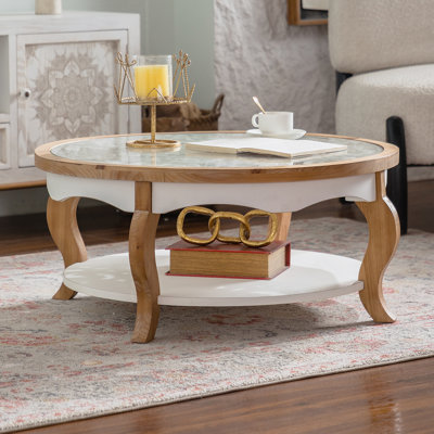 Table basse ronde, table centrale circulaire en bois avec pieds incurvés et plateau amovible en verre trempé, table basse pour le salon