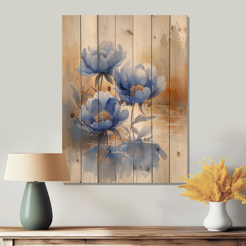 Bleuet bleu pivoines au bord de la rivière II - pivoines, art mural sur bois de pin naturel, H 32 po x l 24 po x P 0,78 po