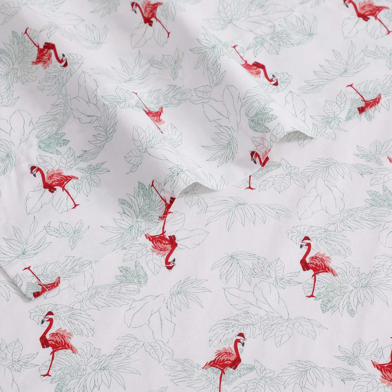 Tommy Bahama Printed Percale Cotton Sheet Set, King Sheet Set with 2 Pillowcases, Gray Flamingo Santa