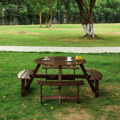 Table de pique-nique ronde pour 8 personnes en brun. 4 bancs intégrés, trou pour parasol, pour patio, jardin, cour extérieure 8, intempéries, cour arrière, patio. Brun