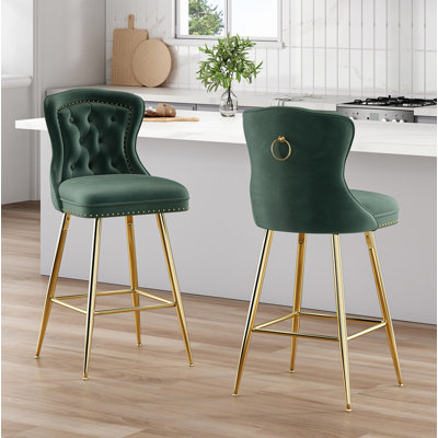 Bar Stools Set of 2, Velvet Counter Height Bar Stools with Metal Legs, Button Tufted and Nailheads Trim, Wing-Back Bar Chairs for Kitchen Island Dining Room Pub