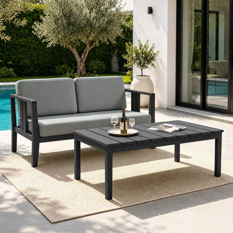 Junco Teak Outdoor Two-person Patio Set With Cushions And Coffee Table, Gray, Black