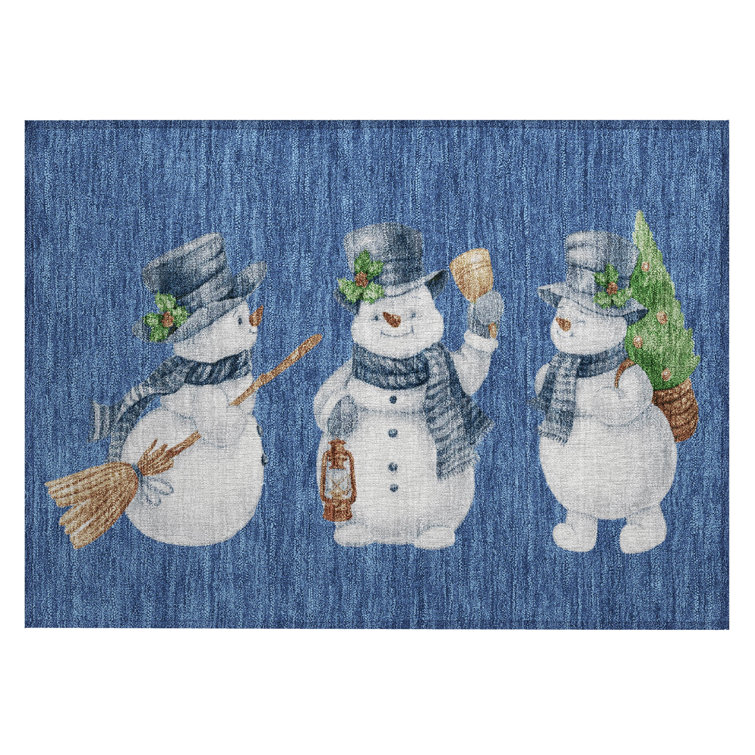Machine Washable Indoor/Outdoor Christmas Snowman Xhevrie Navy Rug