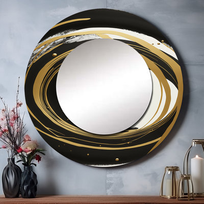 Shuri noir, argent et or mélangeant des tourbillons III - miroir décoratif spirales abstraites, miroir mural rond noir, impression d'art en métal