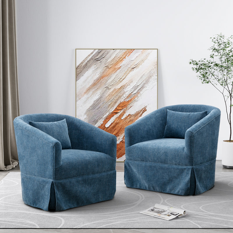 Blue Linen Swivel Barrel Chair Set with Lumbar Pillow