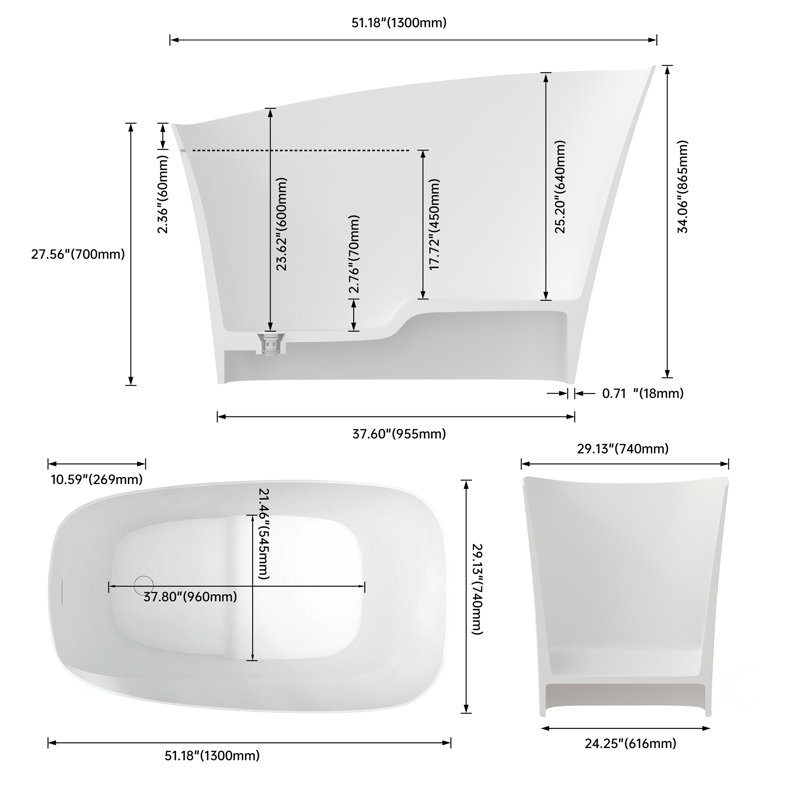 51 Inch Solid Surface Soaking Bathtub - Deep Soak Freestanding Tub