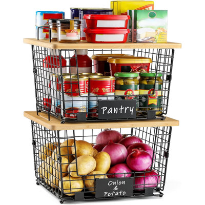 Ensemble de 2 paniers en fil de fer empilables XXL avec comptoirs en bambou et organisateur de garde-manger et bacs de rangement.