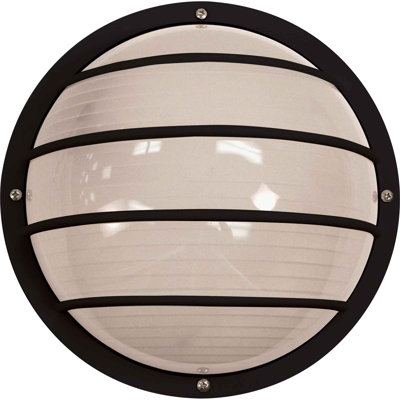 1-Light Indoor or Outdoor Black Polycarbonate Mini Nautical-Inspired Industrial-Inspired Convertible Caged Flush Mount Ceiling Fixture, Wall Mount, or Wall Sconce with White Polycarbonate Half Semi Sphere Lens