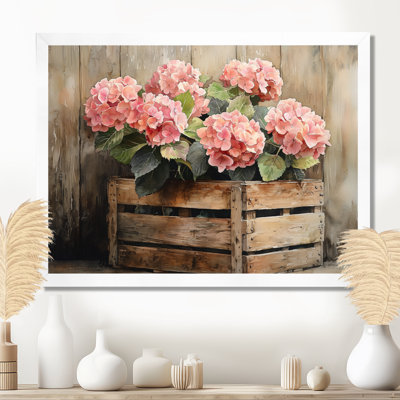 Hortensias fermiers dans une caisse en bois I - art mural floral