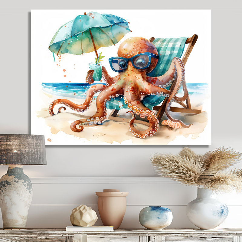 Pieuvre reposant sur une chaise de plage - pieuvre / calmar, Métal métal, H 12 po x l 20 po x P 1 po