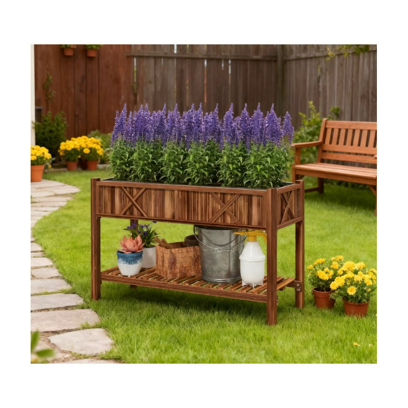 Elevated Wood Planter Box,Raised Garden Bed,With Storage Shelf,Drainage Holes,And Liner, Brown