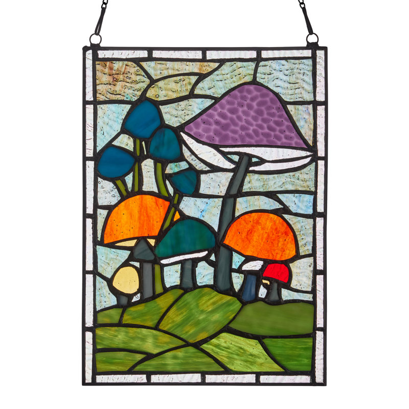 11.5"H Tiffany-Style Mushrooms Stained Glass Window Panel