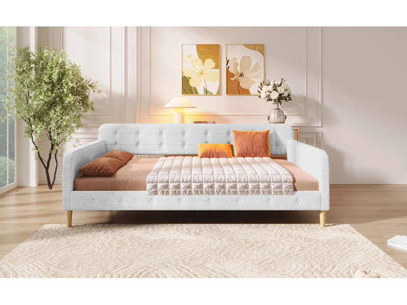 Queen Size Upholstered Daybed With 4 Support Legs, Beige