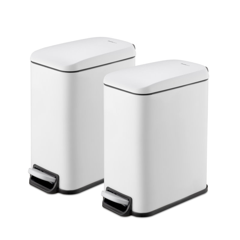 Matte White Stainless Steel Slim Step-On Trash Can Set