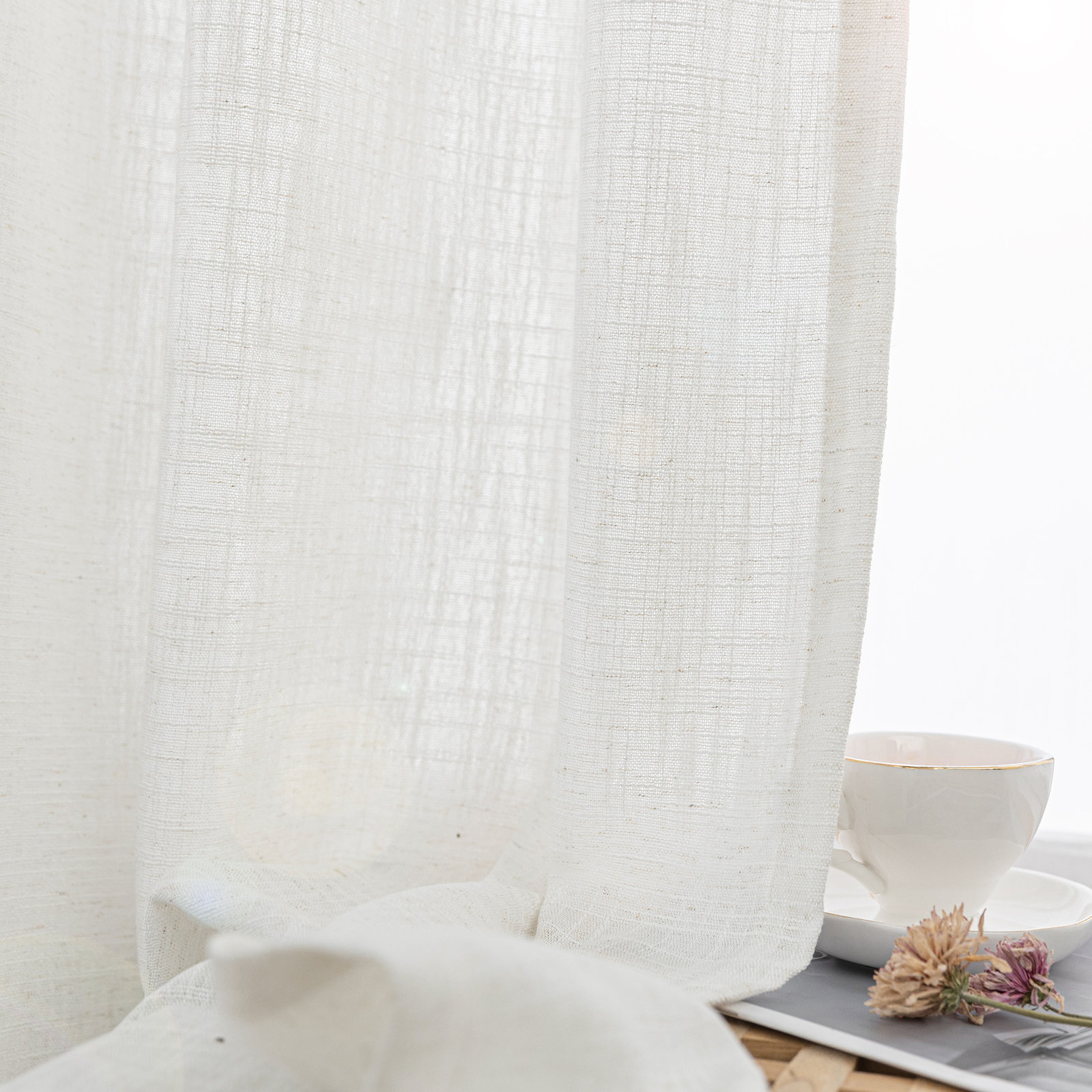 Kambi Semi-Sheer Linen Blend Curtain Set, Ivory, 35" W x 84" L
