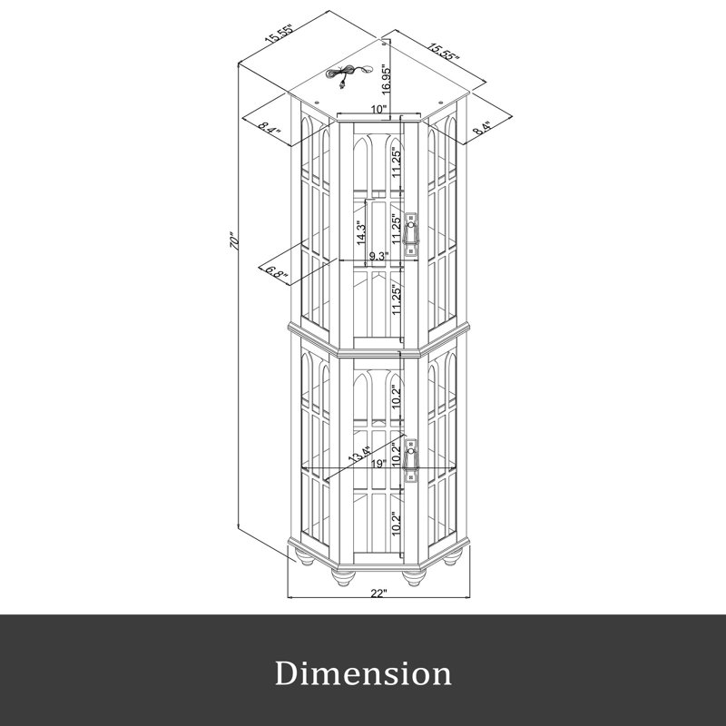 Corner Curio Cabinet With 4 Adjustable Tempered Glass Shelves And Lighting System, Solid Wood Legs,Acrylic Mirrored Back Panel(E26 Light Bulb Not Included)
