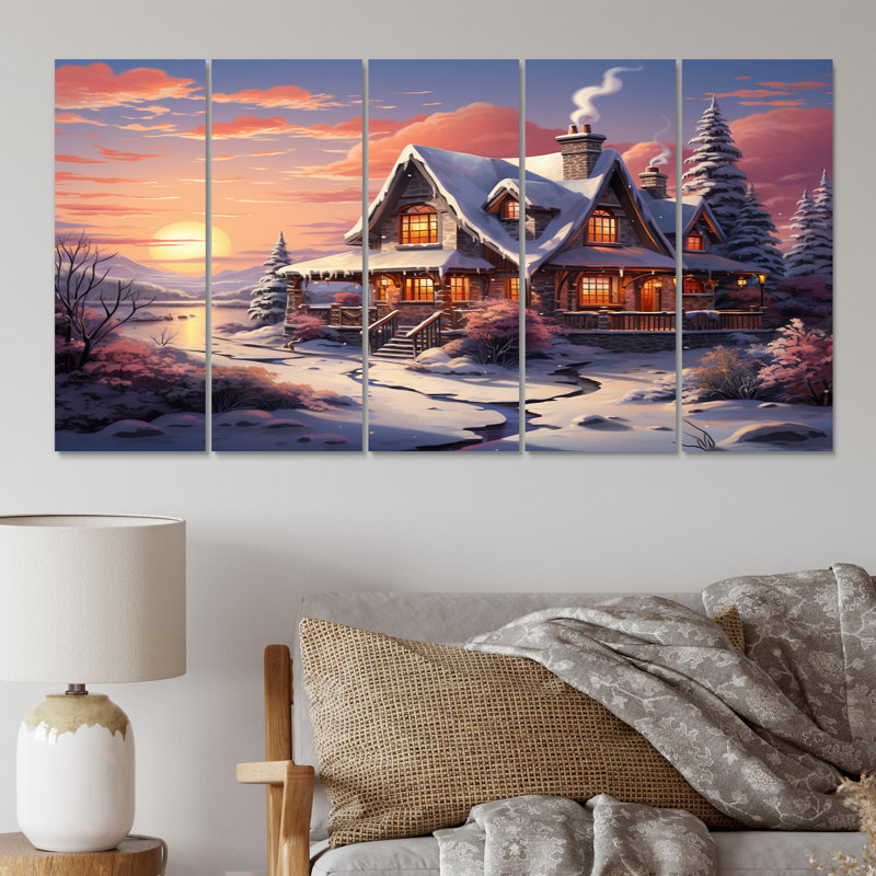 «Winter Snowy Cottage II», impression sur toile - 5 panneaux égaux