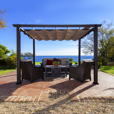 Modena Wood Grain Aluminum Pergola in Espresso with Mocha Canopy