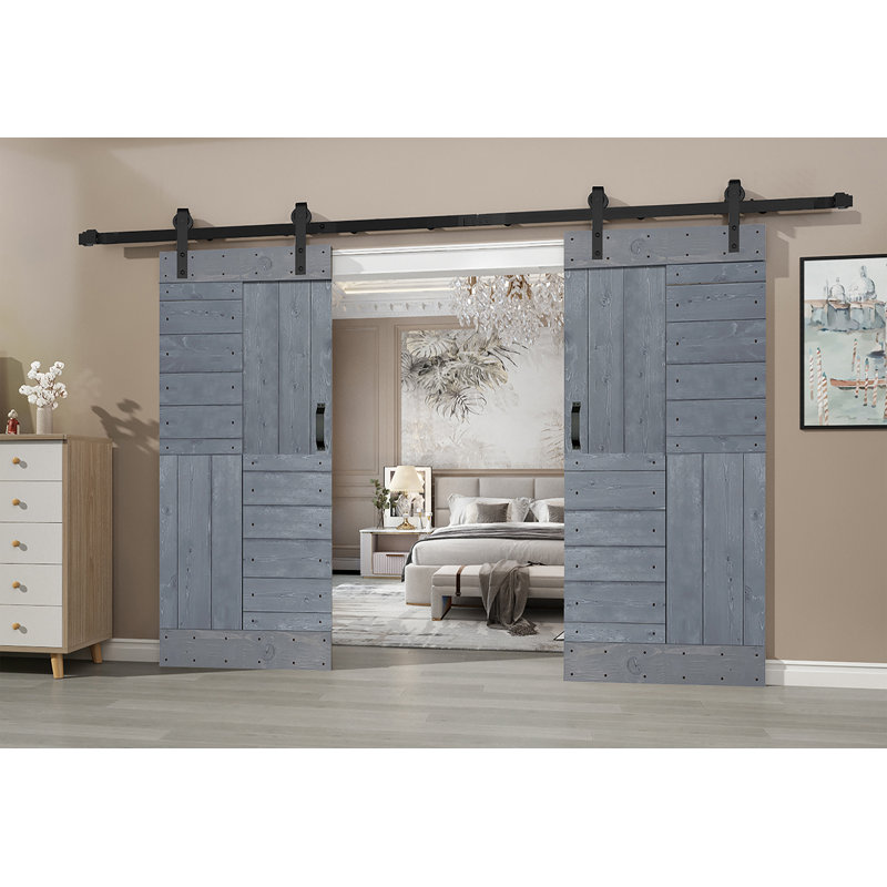 Porte de grange coulissante double en bois massif avec trousse de quincaillerie brevetée S Series - assemblage requis