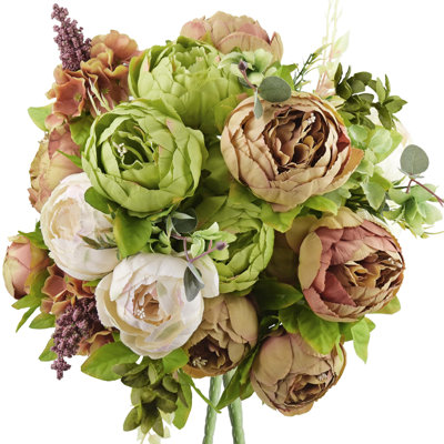 Rustic Brown, Beige & Green Artificial Peony Bouquets, 2 Silk Flower Bundles With Hydrangeas For Wedding & Dining Table Centerpieces, Living Room & Home Decor