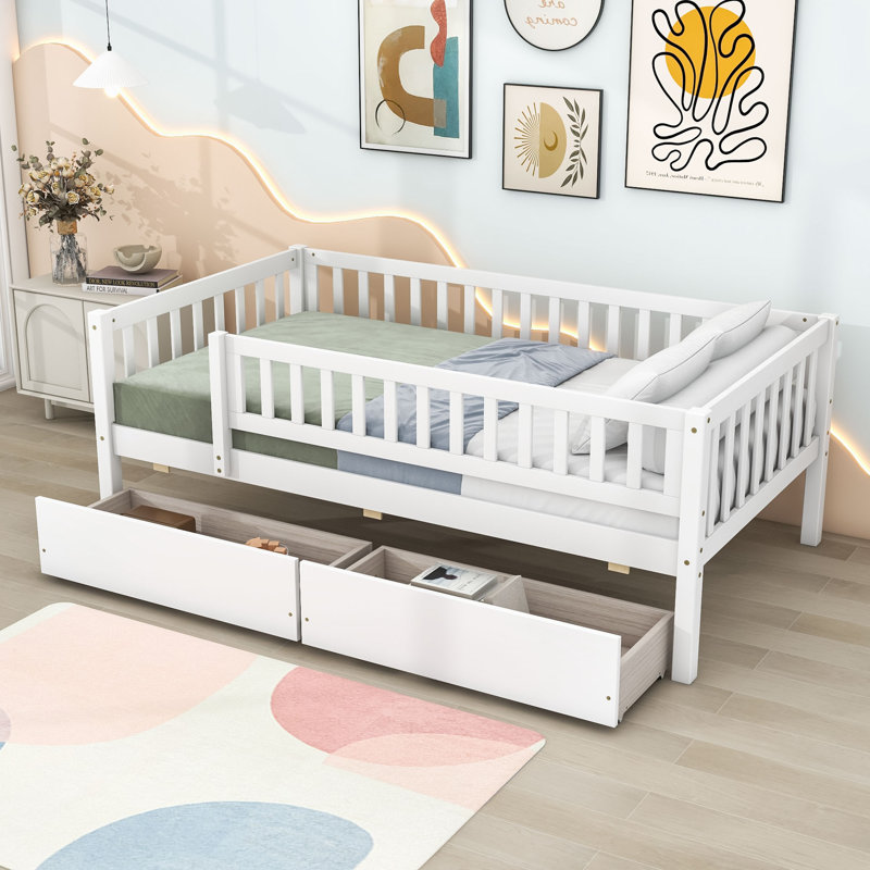 Lit de jour en bois avec tiroirs de rangement sous le lit, Lit simple, Blanc
