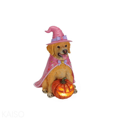 Halloween Golden Retriever Dog Statue, Large Sitting Dog Figurine with Pink Witch Hat & Cape, LED Light Up Jack-O-Lantern Pumpkin