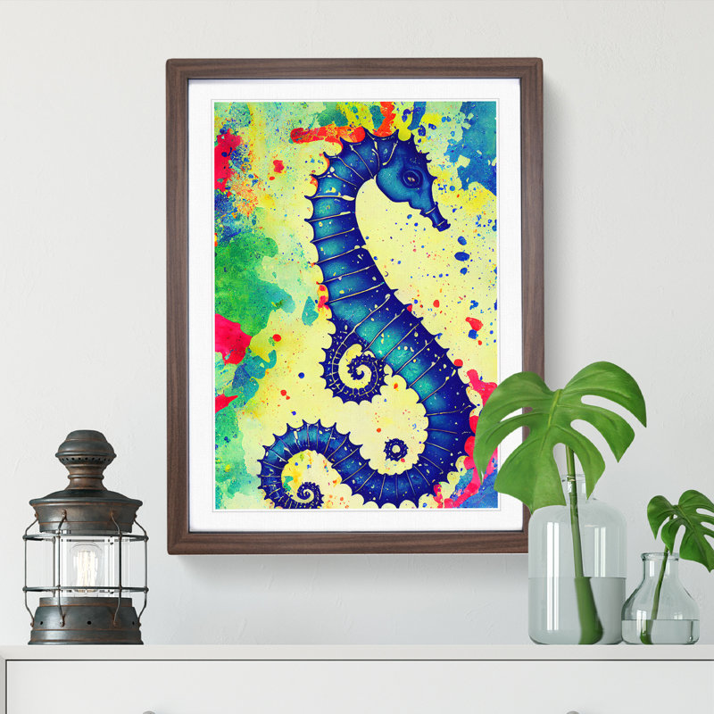 Seahorse Splash No.1 - Single Picture Frame Painting, 46cm H x 34cm W x 2cm D, Brown Framed