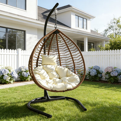 Fauteuil à œufs suspendu moderne en osier avec support et coussin, grande balancelle de patio pour balcon, jardin et salon extérieur